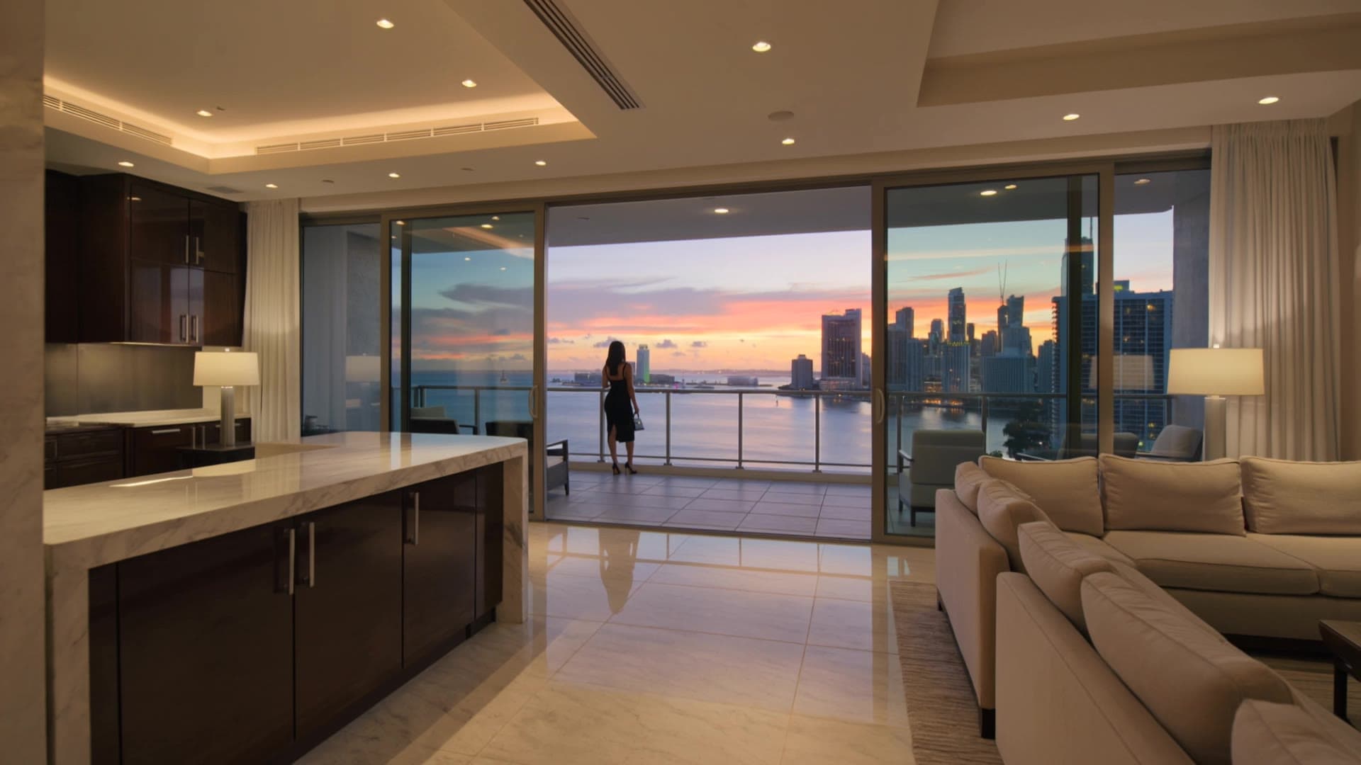 The living room of a high-floor residence opening onto a private balcony, a guest at the railing above Biscayne Bay at sunset