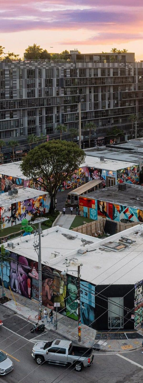 Murals across the warehouse rooftops of Wynnwood at sunset