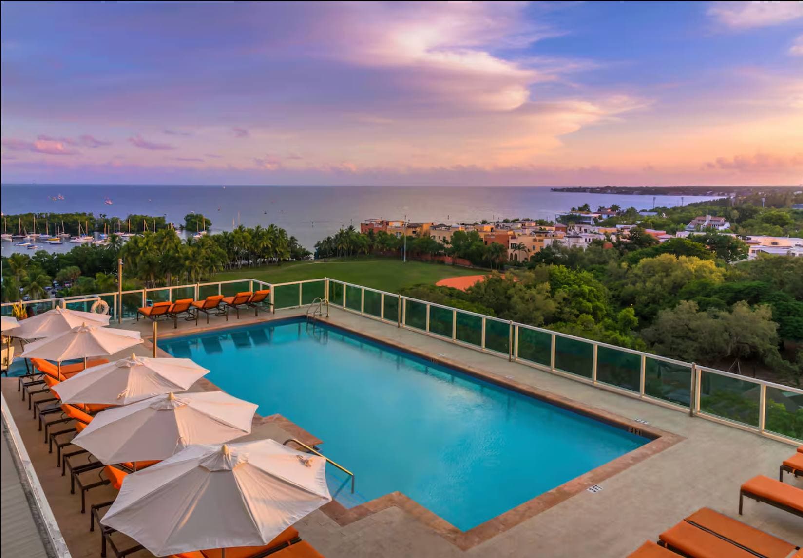 The rooftop pool at sunset at The Arya, Coconut Grove
