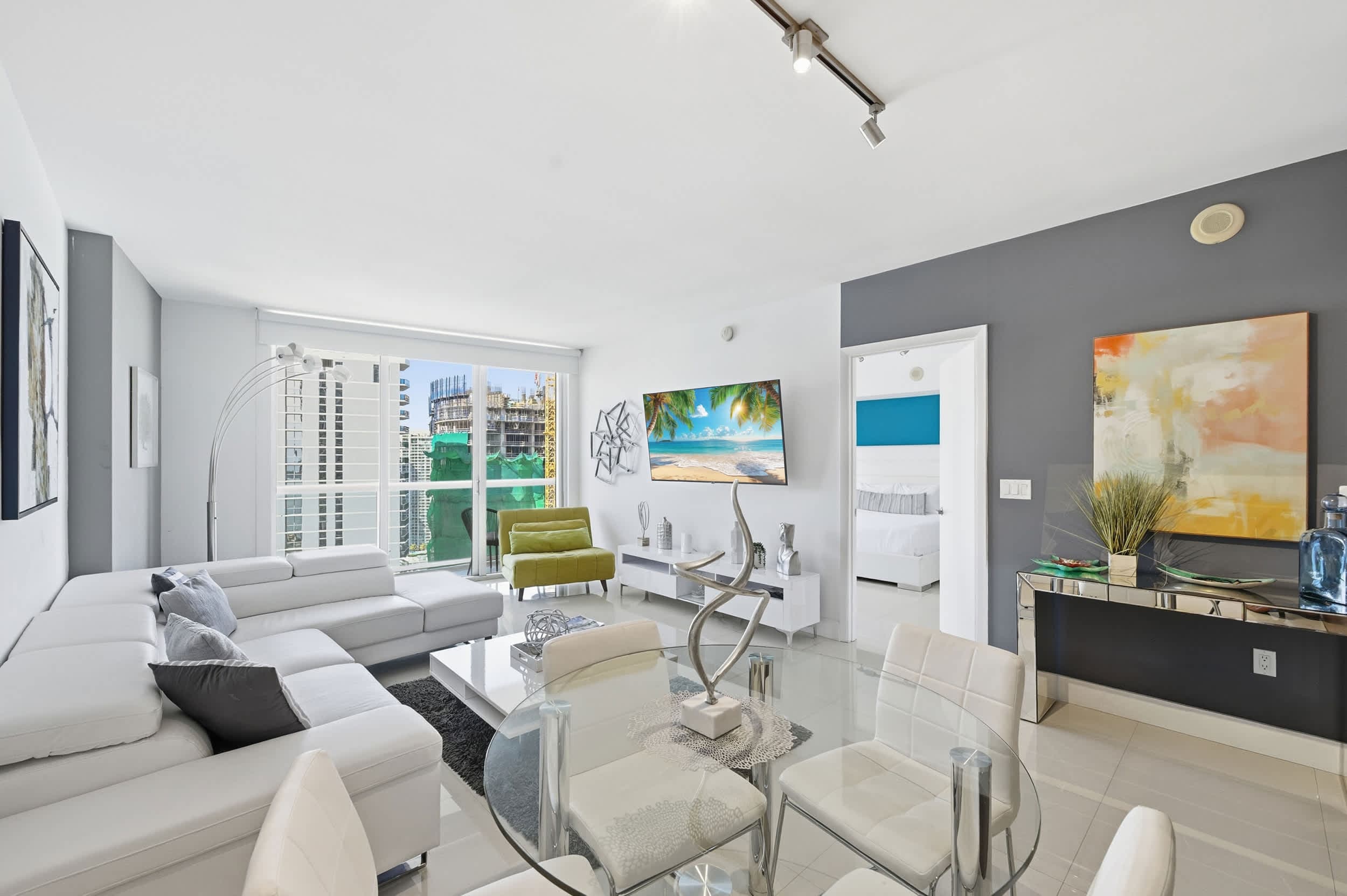 Bright, modern open-concept living area.