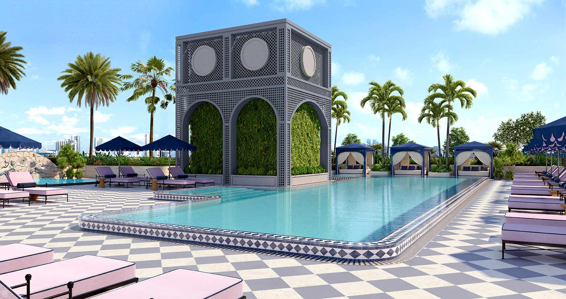 The rooftop resort pool lined with tropical palms at Nomad Wynnwood