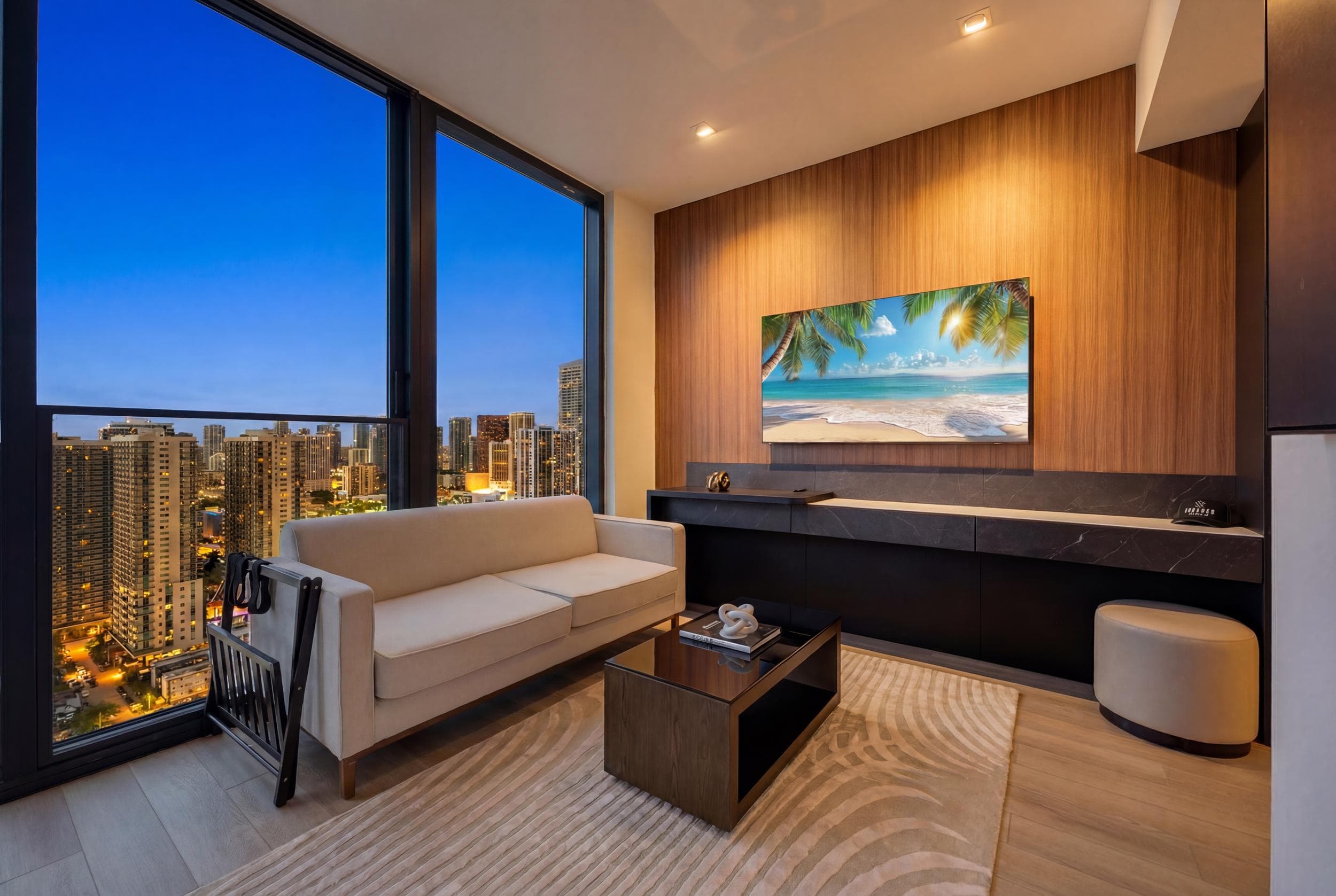Contemporary living room with warm wood and city views.