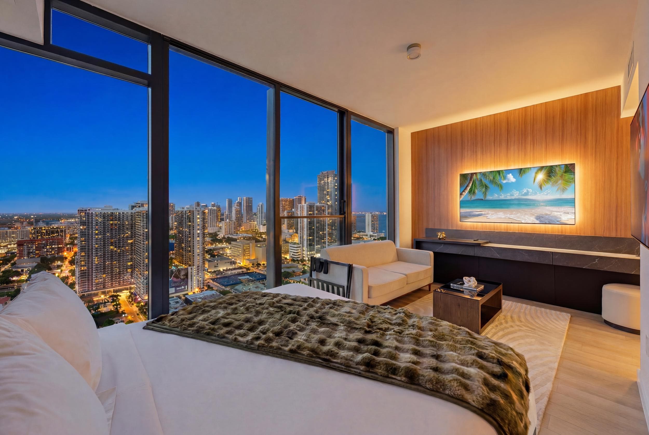 Luxurious bedroom with stunning high-rise city night views.