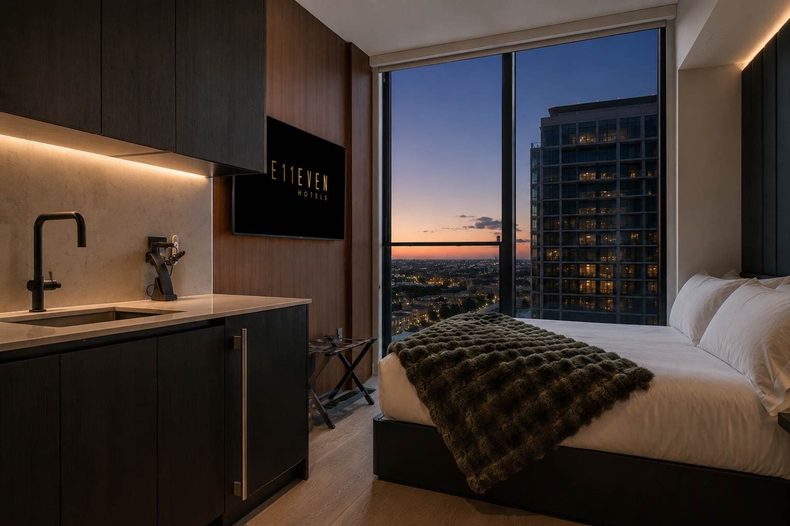 Cozy bedroom, floor-to-ceiling glass.