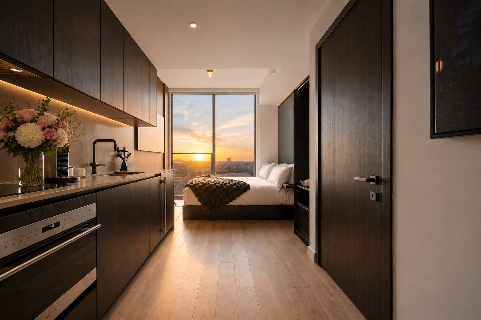 Sleek hallway, warm sunset views.