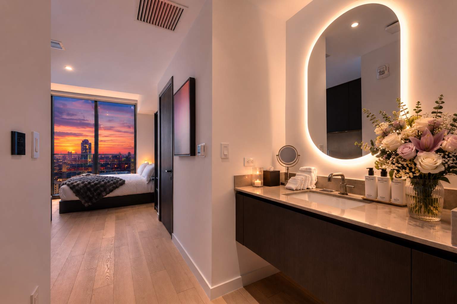 Modern vanity with warm backlighting.