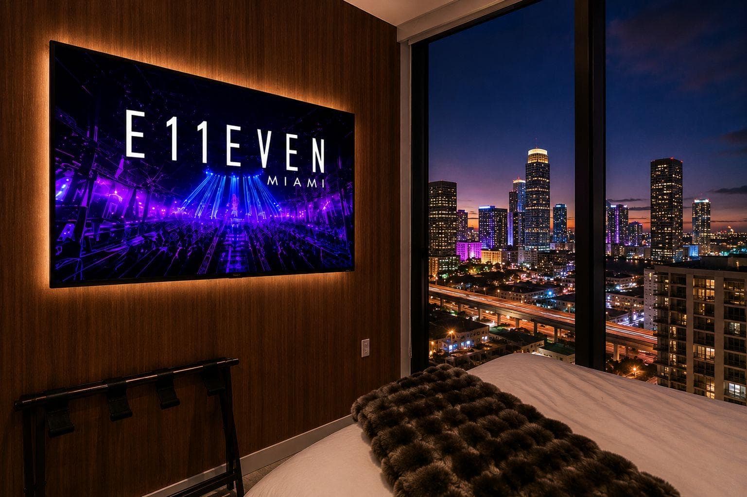 Neon vibes and skyline views.