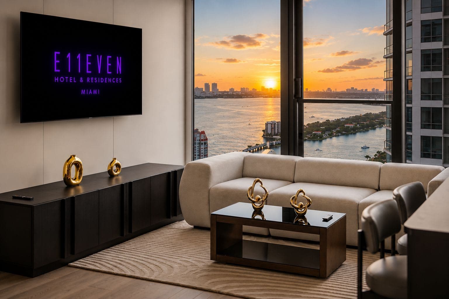 Bright living room with skyline views.