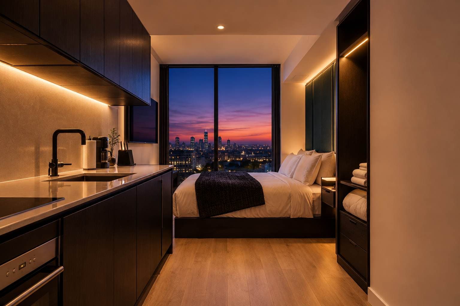 Studio kitchen and bed at dusk.